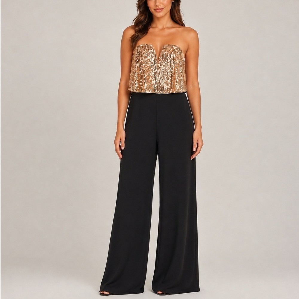 Adrianna Papell Sequin Popover Jumpsuit 10P Rose Gold Black Strapless Formal